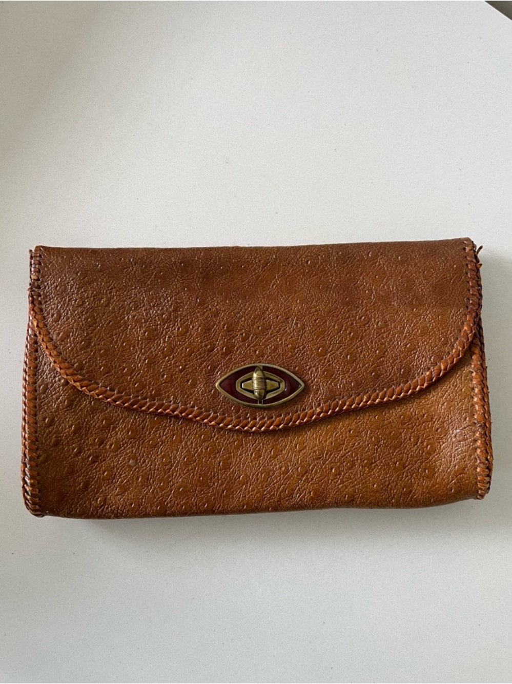 Vintage Brown Ostrich Leather Turnlock Clutch